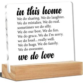 Home Desk Sign in This Home Clear Desk Decorative Sign We Do Hugs We Do Family Acrylic Plaque with Wooden Stand Decor for Living Dining Room