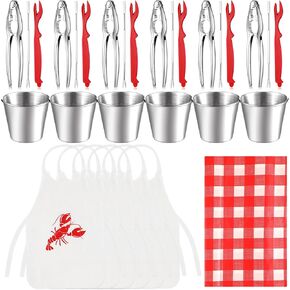 Mepase Seafood Tools Set Nut Cracker Set Crab Crackers, Crab Forks/picks, Lobster Shellers, 1.7 oz Dipping Sauce Cups, Lobster Bibs, Red Checkered Disposable Plastic Tablecloth (62 Pcs)