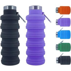 Collapsible Water Bottles，2 pack BPA Free Travel Silicone Water Bottle with Carabiner，17oz Reusable Foldable Lightweight Portable Sports Water Bottle for Travel Gym Camping Hiking