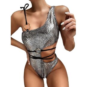 FCYYUETY Women's Rave Sparkle Mentalic Snakeskin Print Bikini Set Bathing Suit One Piece Swimsuits