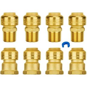 SUNGATOR Push Pex Fittings 1/2 Inch Adapter Set, No Lead Brass Plumbing Fittings 1/2", Female Adapter(8 PCS), Male Adapter(8 PCS), Quick Fittings for Pex,Copper,CPVC, with 1 Release Tool, Pack of 16