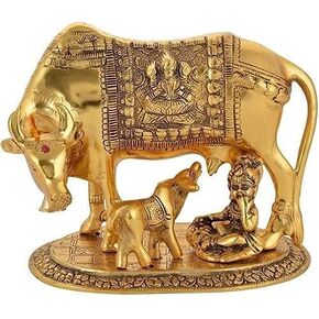 Kamdhenu Cow with Calf and Krishna Idol Showpiece Brass Like Metal for Home Décor and Decorative Gift - Gold Color