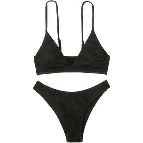 Women's Sexy Two Piece Tummy Control Thong Bottom V Neck Bikini Swimsuits