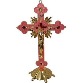 Christian Holy Cross Crucifix With Gold Metal Stand Table Home Altar Jesus Christ Gift (Large 29.5 x 18.5cm)