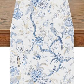 Snycler 13x72 Inch Table Runner Chinoiserie Vintage Style Mountain Spring Summer Table Runner, Seasonal House Trees Luxury Farmhouse Kitchen Dining Table Decoration for Home Party Decor