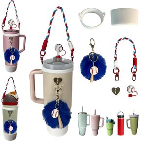 Softball Charms Silicone Straw Cover Cap Lid Set With Strap Carrier For Stanley Cup Accessories 30 40 oz Tumbler,Water Bottle Holder With Strap and Attachments (Yellow)