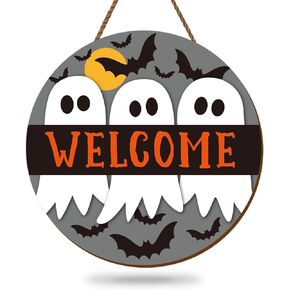 Halloween Welcome Door Sign Ghost Bat Wooden Hanging Sign for Trick or Treat Party Indoor Outdoor Porch Wall Decor