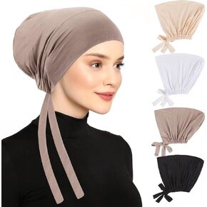 4 PCS Hijab Undercap for Women, Islamic Muslim Under Hijab Cap Hijab Cap Underscarf Tie Back Closure Inner Underscarf Hijab Cap Turban Head Wraps for Women Chemo Sleep Cap, Set 3