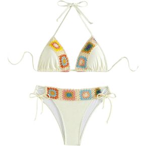 Women's 2 Piece Bikini Set Floral Boho Halter Triangle Bathing Suit Tie Side Cheeky Swimsuit