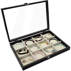 Jewelry Box with Glass Lid, Wood Jewelry Organizer Box, 24 Grid Earring Holder Organizer Jewelry Boxes, Jewelry Organizer Tray with Lock (style 1)