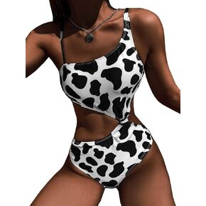 Womens One Piece Cow Print Pattern Cut Out Bodysuit Swimsuit Bikini Swimwear Rave Festival