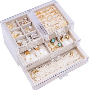Jewelry Organizer With 4 Drawers, Jewelry Box Earring Holder Organizer For Earrings Ring Bracelet Necklace, Clear Acrylic Large Jewelry Storage With Velvet Trays For Women Beige,3 Layers