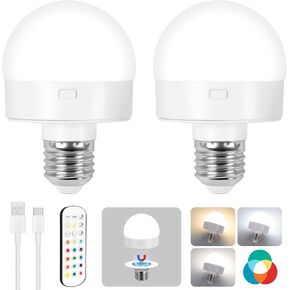 Rechargeable Battery Operated Light Bulb with Remote, Last 20-60 Hours 3000mAh Wireless LED Bulb with Timer and 15 Color Temperature, dimmable, Magnetic Puck Light for Non-Hardwired Fixture, 4 Pack