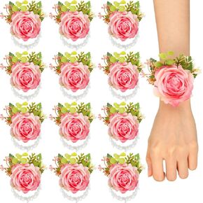 Jexine 12 Pcs Rose Wrist Corsage Bracelets Wedding Bridal Wrist Flower Hand Flower Decor Wrist Flower Wristband for Bride Bridesmaid Homecoming Prom Party Decor (White Elegant)