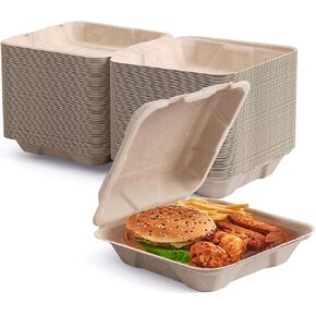 ECOLipak 300 Pack Clamshell To Go Containers, 100% Compostable Disposable Take Out Food Containers, 8X8 inch 3-Compartment Heavy-Duty To Go Boxes