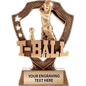 Crown Awards 5" Shieldz T-Ball Sculpture Trophy, Custom Resin T Ball Trophies with Personalized Engraving Prime