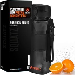 SQUATZ 24 Oz Poseidon Series Water Bottle for Protein and Fruit Shakes - Premium Quality Wide Mouth Gym Flask Fruit Infuser Strainer, Carrying Strap, Leak Resistance, No Condensation Sleeve