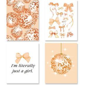 KSDUT Pink Preppy Wall Decor Art Set of 4 - Trendy Artwork Poster Prints Coquette Disco Ball Wall Decor Beach Room Picture Wall Art for Teen Girls Dorm Bedroom Decorations - 8"x10" Unframed
