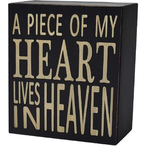 Attraction Design Rustic Box Sign with Saying Wood Plaque Hanging Wall Art Sign,5.9x5.9inch Primitive Box Hanging Decoration Wooden Sign A Piece Of My Heart Lives In Heaven Home Decor Accent,Black