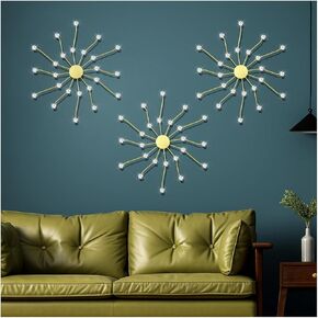 Zzbakress 3 Pieces Gold Metal and Crystal Wall Decor Art for Living Room Brilliant Sun Burst Hanging Diamond Wall Accents for Bedroom Kitchen Dinner Room (Silver, Star)