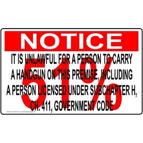 ComplianceSigns.com Texas It Is Unlawful For A Person To Carry A Handgun Subchapter H, Ch. 411, Government Code 51% Sign, 14x8.5 inch Plastic