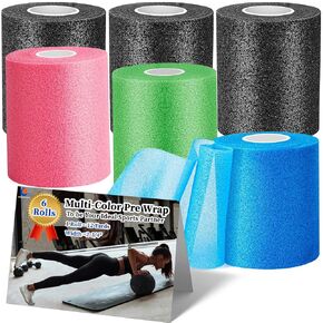 Pre Wrap for Hair Soccer- 6 Rolls, Multi Color Athletic Prewrap Tape Headbands, Foam Sport Underwrap Pre-Wrap, 2.76 Inches X 12 Yards - Black，Pink, Blue，Green