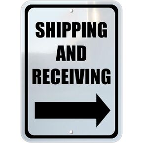 Shipping and Receiving Sign, Right Arrow Directional, Black, Mounting Holes, 10" by 14"