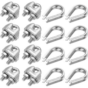 PATIKIL Wire Rope Accessory Set, 304 Stainless Steel 12 Pcs Cable Clip Clamp 10 Pcs Thimble for 3mm/3/16" Cable Rope