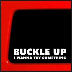 Sticker Connection | Buckle Up I Wanna Try Something | Bumper Sticker Vinyl Decal for Car, Truck, Window, Laptop | 1.7"x8" (White)