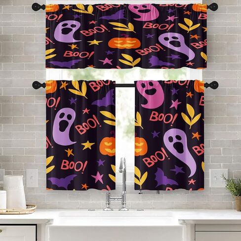 Halloween Cute Ghost Kitchen Window Curtains Valance and Tier Set 36 Inch, Vintage Watercolor Pumpkin 3 Piece Window Treatment Tiers for Living Room Bedroom Kitchen Decor Drapes in Kuwait