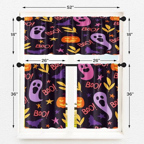 Halloween Cute Ghost Kitchen Window Curtains Valance and Tier Set 36 Inch, Vintage Watercolor Pumpkin 3 Piece Window Treatment Tiers for Living Room Bedroom Kitchen Decor Drapes in Kuwait