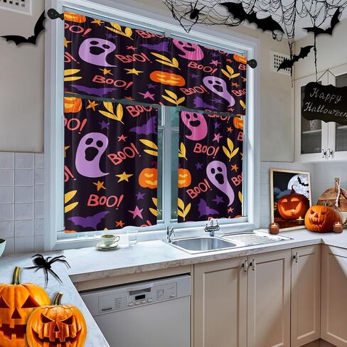 Halloween Cute Ghost Kitchen Window Curtains Valance and Tier Set 36 Inch, Vintage Watercolor Pumpkin 3 Piece Window Treatment Tiers for Living Room Bedroom Kitchen Decor Drapes in Kuwait