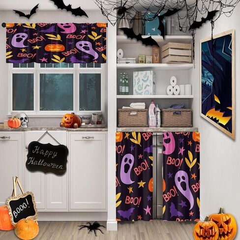 Halloween Cute Ghost Kitchen Window Curtains Valance and Tier Set 36 Inch, Vintage Watercolor Pumpkin 3 Piece Window Treatment Tiers for Living Room Bedroom Kitchen Decor Drapes in Kuwait