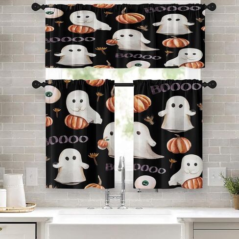 هالوين لطيف شبح المطبخ نافذة الستائر الستارة والطبقة مجموعة 36 بوصة، خمر المائية اليقطين 3 قطعة نافذة طبقات العلاج لغرفة المعيشة غرفة نوم ديكور المطبخ الستائر in Kuwait