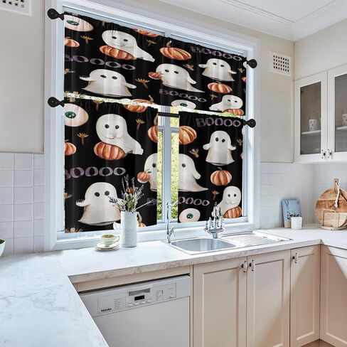 هالوين لطيف شبح المطبخ نافذة الستائر الستارة والطبقة مجموعة 36 بوصة، خمر المائية اليقطين 3 قطعة نافذة طبقات العلاج لغرفة المعيشة غرفة نوم ديكور المطبخ الستائر in Kuwait