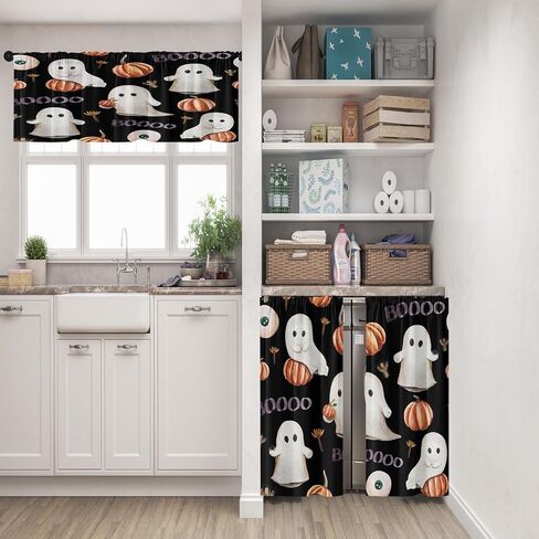 هالوين لطيف شبح المطبخ نافذة الستائر الستارة والطبقة مجموعة 36 بوصة، خمر المائية اليقطين 3 قطعة نافذة طبقات العلاج لغرفة المعيشة غرفة نوم ديكور المطبخ الستائر in Kuwait