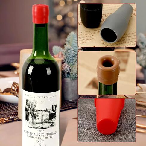 سدادات النبيذ JUNEBRUHSS، 8 قطع سدادات النبيذ السيليكون لزجاجات النبيذ، سدادة زجاجة البيرة، سدادة الشمبانيا، سدادة زجاجة النبيذ الفوارة القابلة لإعادة الاستخدام (4 ألوان) in Kuwait