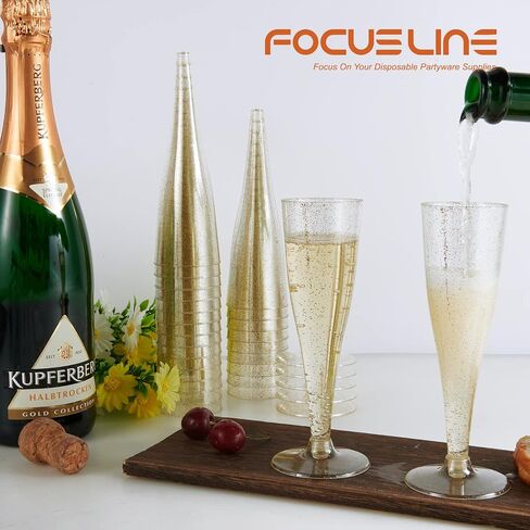 FOCUSLINE 100 حزمة من مزامير الشمبانيا البلاستيكية، 4.5 أونصة كؤوس شمبانيا بلاستيكية لامعة ذهبية اللون، أكواب تحميص شفافة للاستعمال مرة واحدة، أكواب شمبانيا بلاستيكية قابلة لإعادة التدوير لحفلات الزفاف in Saudi Arabia