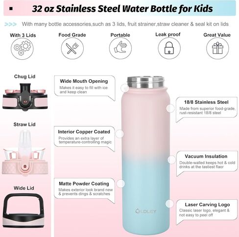 Oldley Insulated Water Bottle with Straw 32oz Stainless Steel Water Bottles with 3 lids Double-Wall Vacuum Thermal for Kids Adults School Sports,Pink-Blue in Saudi Arabia