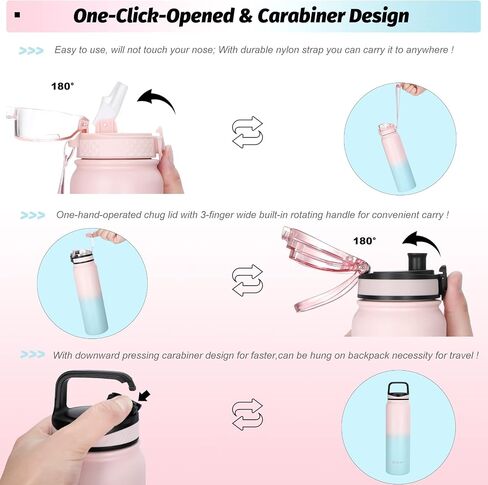 Oldley Insulated Water Bottle with Straw 32oz Stainless Steel Water Bottles with 3 lids Double-Wall Vacuum Thermal for Kids Adults School Sports,Pink-Blue in Saudi Arabia