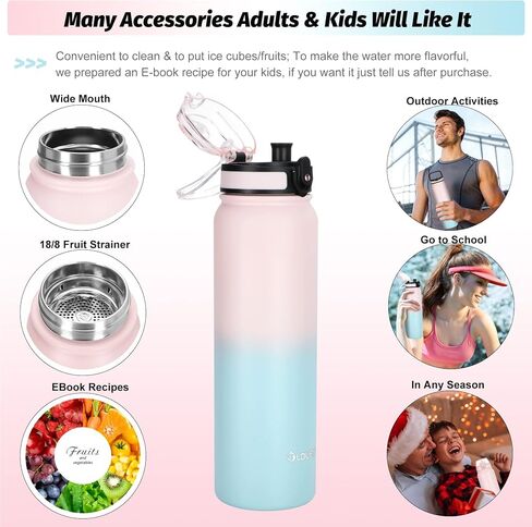 Oldley Insulated Water Bottle with Straw 32oz Stainless Steel Water Bottles with 3 lids Double-Wall Vacuum Thermal for Kids Adults School Sports,Pink-Blue in Saudi Arabia