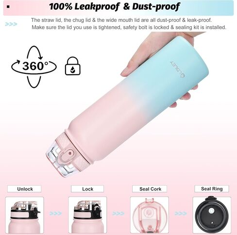 Oldley Insulated Water Bottle with Straw 32oz Stainless Steel Water Bottles with 3 lids Double-Wall Vacuum Thermal for Kids Adults School Sports,Pink-Blue in Saudi Arabia