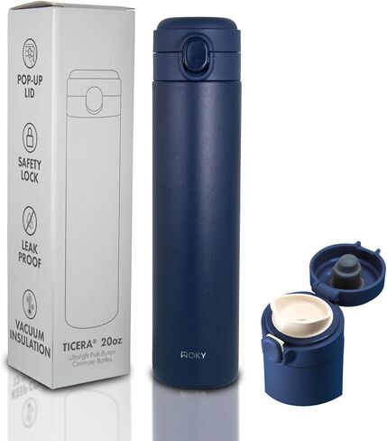 WOKY TICERA 20oz Titanium Ceramic Ultralight Push Button Commuter Bottles - Stainless Steel Vacuum Insulated Tumbler - Everyday Use (Blue) in Saudi Arabia