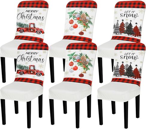 Preboun 6 Pcs Christmas Chair Covers Set Removable Washable Stretch Dining Room Chair Slipcovers Parson Chair Protector for Christmas Home Ceremony Party Decoration, 3 Style (White,Classical) in Saudi Arabia