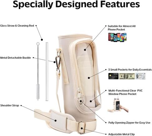 Water Bottle Holder with Strap - Neoprene Sleeve - Adjustable Shoulder and Hand Sling - Crossbody Carrier Bag Hiking Camping Gym - Phone Pocket Glass Straw and Brush - 40 oz Stanley Cup Accessories in Saudi Arabia