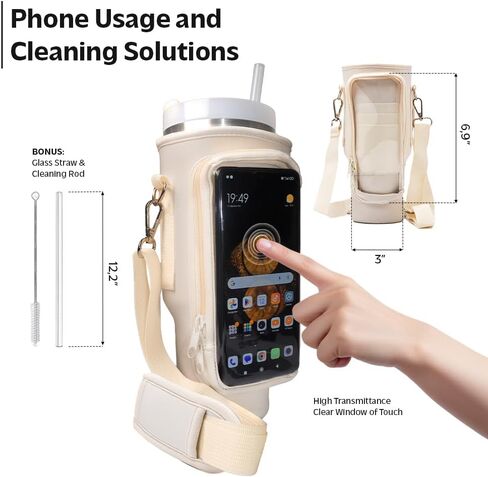 Water Bottle Holder with Strap - Neoprene Sleeve - Adjustable Shoulder and Hand Sling - Crossbody Carrier Bag Hiking Camping Gym - Phone Pocket Glass Straw and Brush - 40 oz Stanley Cup Accessories in Saudi Arabia
