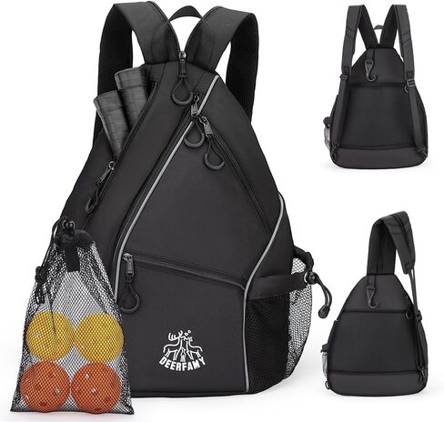 حقيبة كرة مخلل خفيفة الوزن من DEERFAMY، حقيبة / حقيبة ظهر ذات وجهين عبر الجسم للنساء والرجال، حقيبة حبال قابلة للتعديل مع سحاب SBS تناسب 6 مضارب و4 كرات، سوداء in Kuwait