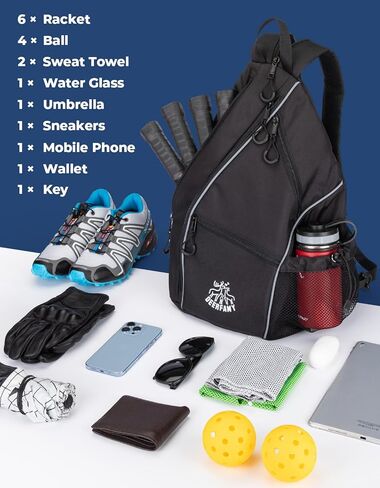 حقيبة كرة مخلل خفيفة الوزن من DEERFAMY، حقيبة / حقيبة ظهر ذات وجهين عبر الجسم للنساء والرجال، حقيبة حبال قابلة للتعديل مع سحاب SBS تناسب 6 مضارب و4 كرات، سوداء in Kuwait