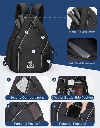 حقيبة كرة مخلل خفيفة الوزن من DEERFAMY، حقيبة / حقيبة ظهر ذات وجهين عبر الجسم للنساء والرجال، حقيبة حبال قابلة للتعديل مع سحاب SBS تناسب 6 مضارب و4 كرات، سوداء in Kuwait