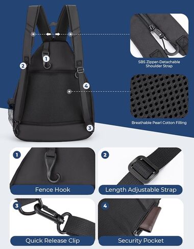 حقيبة كرة مخلل خفيفة الوزن من DEERFAMY، حقيبة / حقيبة ظهر ذات وجهين عبر الجسم للنساء والرجال، حقيبة حبال قابلة للتعديل مع سحاب SBS تناسب 6 مضارب و4 كرات، سوداء in Kuwait